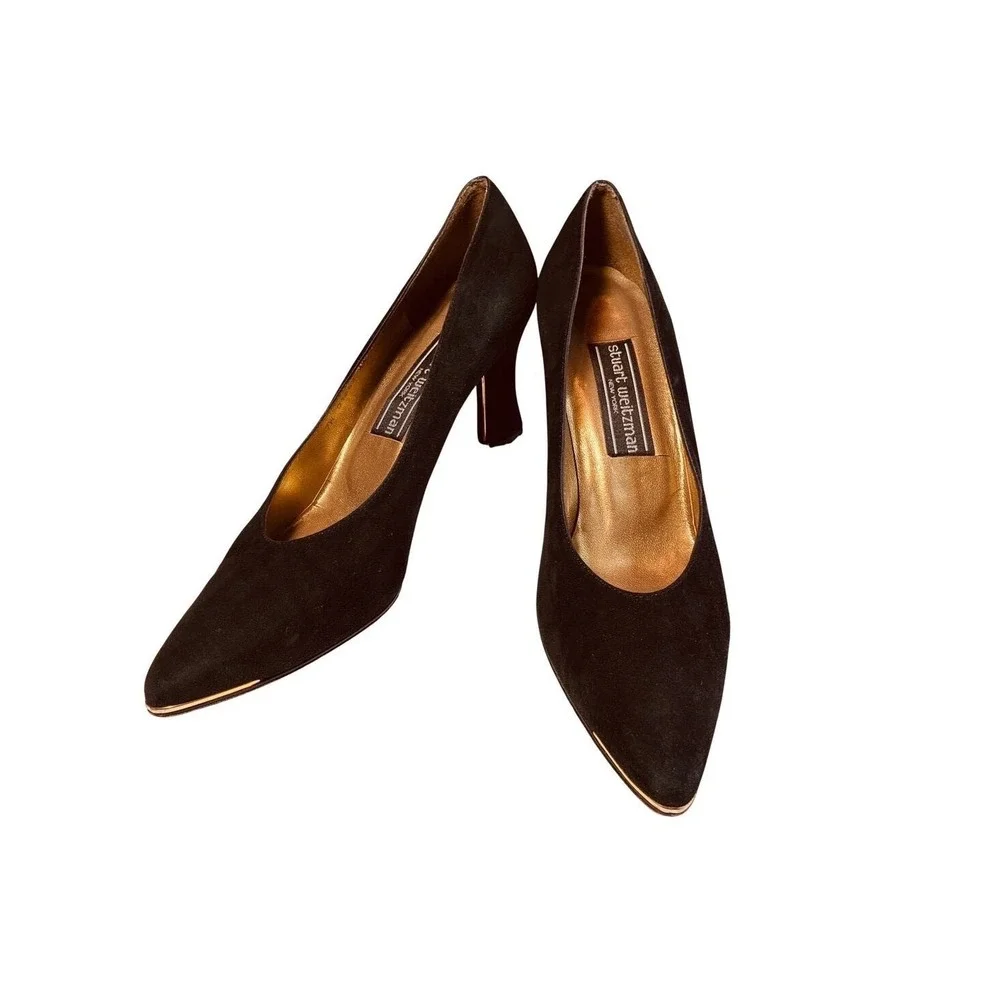 Stuart Weitzman black suede 7W heels Gold embellished‎ Elegant Quiet Luxury Glam